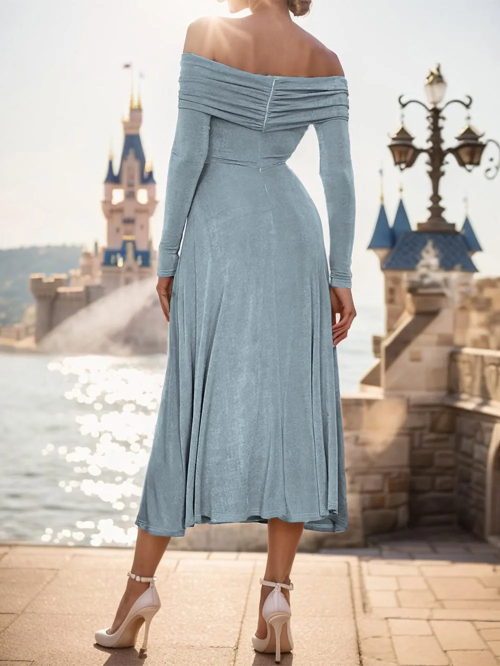 Off Shoulder Long Sleeve Elegant Midi Bodycon Dress HB00671