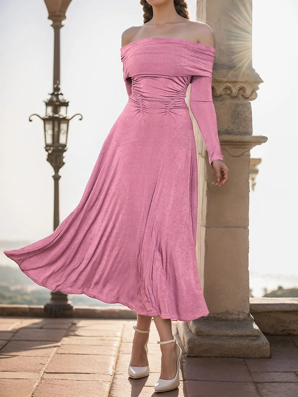 Off Shoulder Long Sleeve Elegant Midi Bodycon Dress HB00671