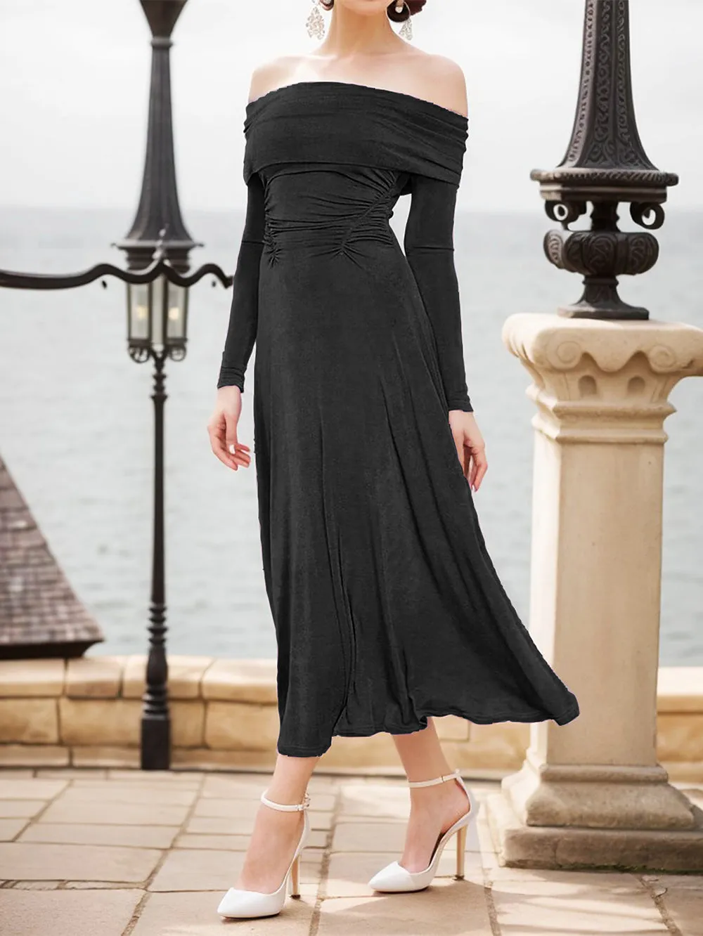 Off Shoulder Long Sleeve Elegant Midi Bodycon Dress HB00671