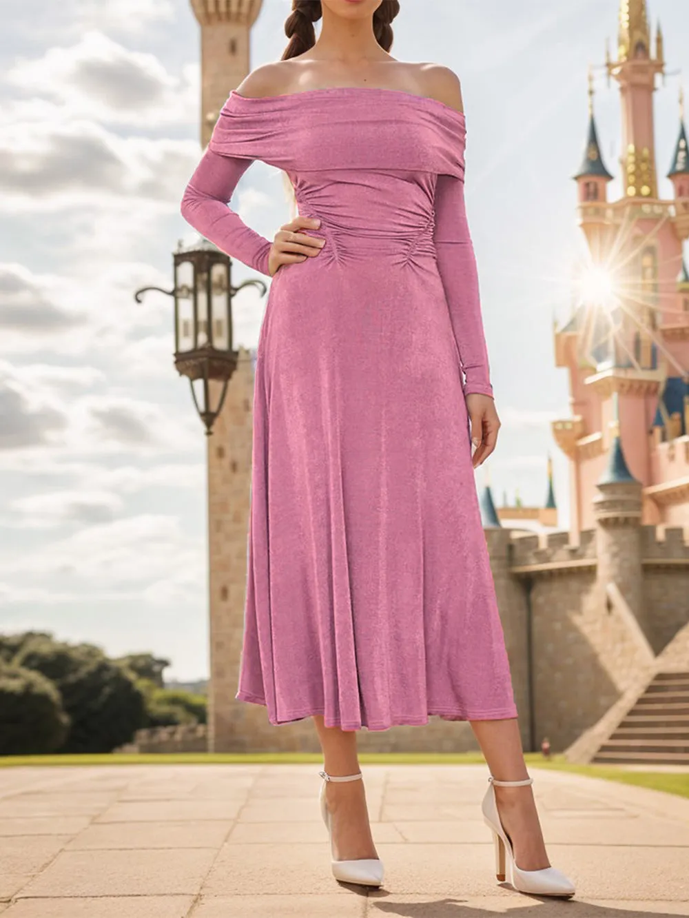 Off Shoulder Long Sleeve Elegant Midi Bodycon Dress HB00671