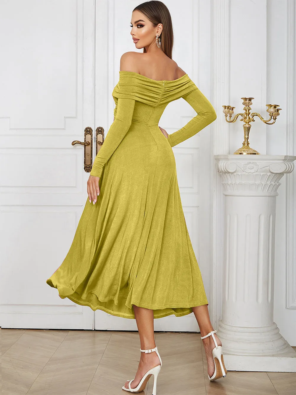 Off Shoulder Long Sleeve Elegant Midi Bodycon Dress HB00671