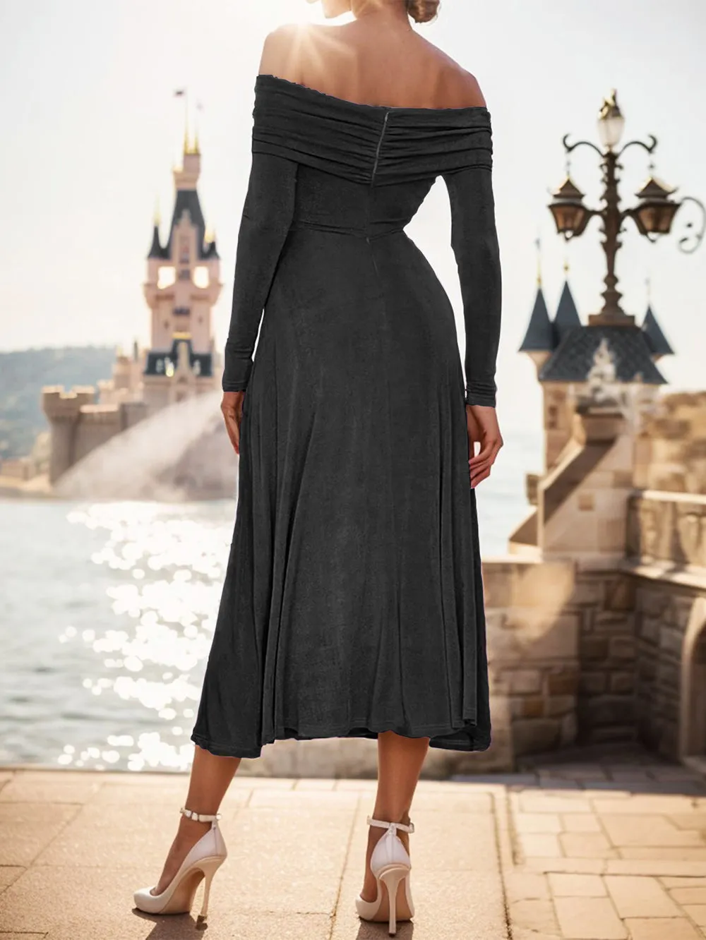 Off Shoulder Long Sleeve Elegant Midi Bodycon Dress HB00671