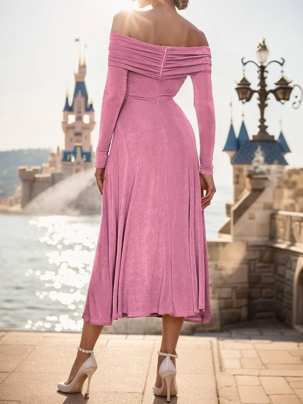 Off Shoulder Long Sleeve Elegant Midi Bodycon Dress HB00671