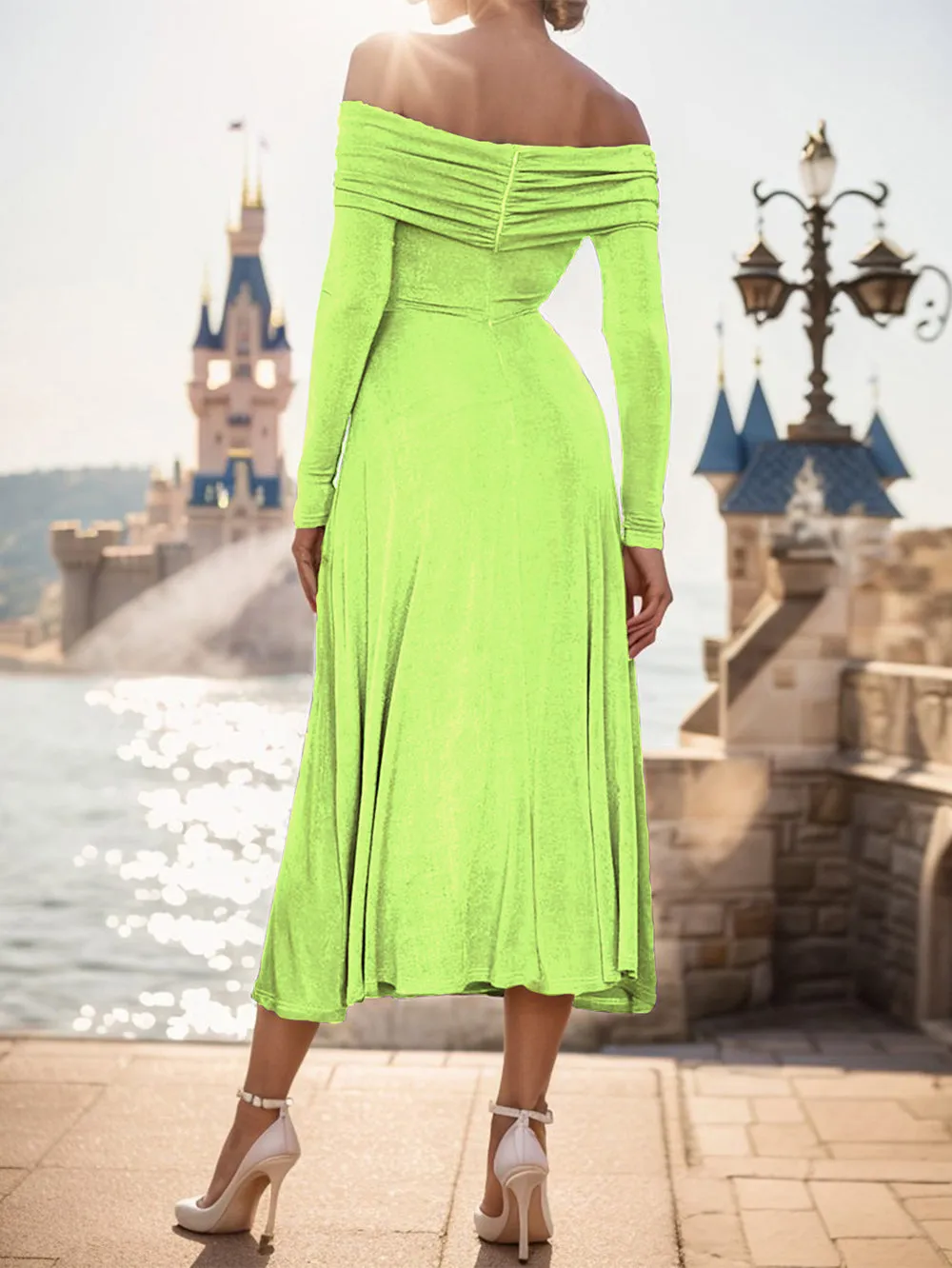 Off Shoulder Long Sleeve Elegant Midi Bodycon Dress HB00671