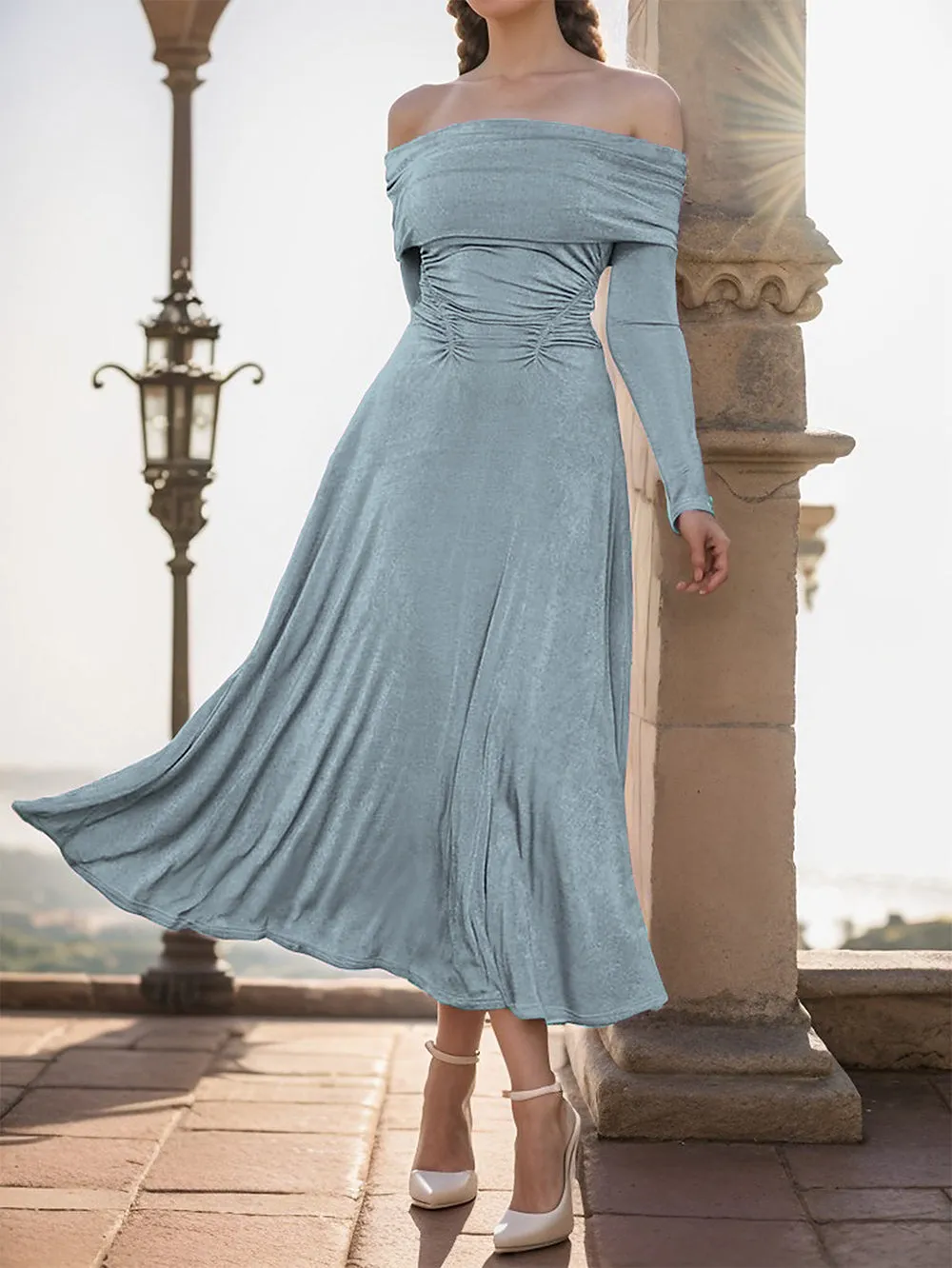 Off Shoulder Long Sleeve Elegant Midi Bodycon Dress HB00671