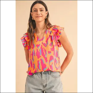 Orange Abstract Ruffled Sleeve Blouse: Because Adulting is Hard  🧡