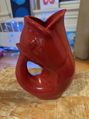 Original Gurgle Pot Fish Pitcher 2006 Stoneware 9.5" Red