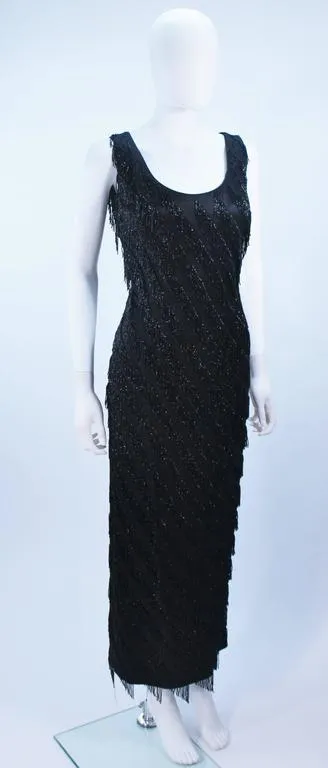 PAULINE SHEN Black Silk Beaded Fringe Gown Size 2-4