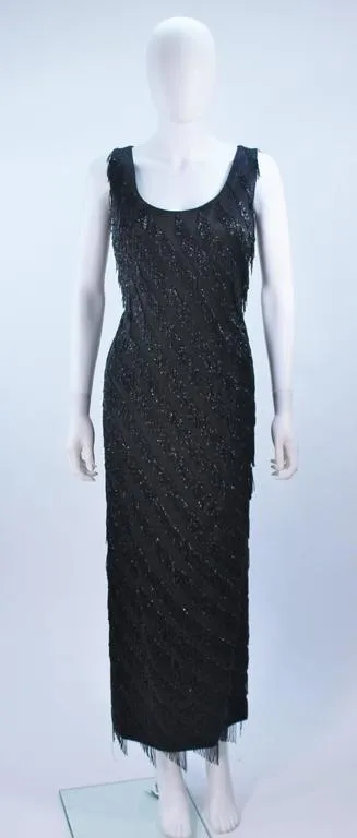 PAULINE SHEN Black Silk Beaded Fringe Gown Size 2-4