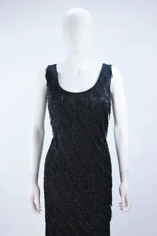 PAULINE SHEN Black Silk Beaded Fringe Gown Size 2-4