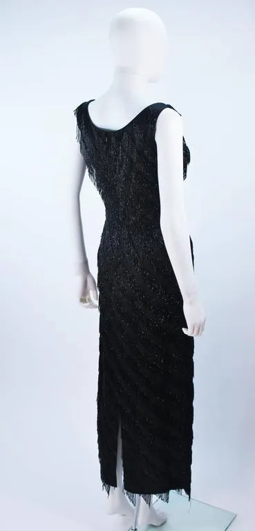 PAULINE SHEN Black Silk Beaded Fringe Gown Size 2-4