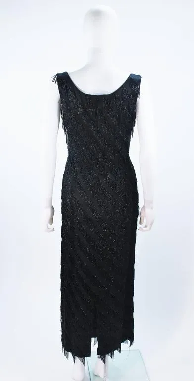 PAULINE SHEN Black Silk Beaded Fringe Gown Size 2-4
