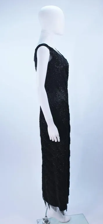 PAULINE SHEN Black Silk Beaded Fringe Gown Size 2-4