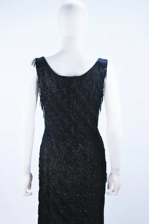 PAULINE SHEN Black Silk Beaded Fringe Gown Size 2-4