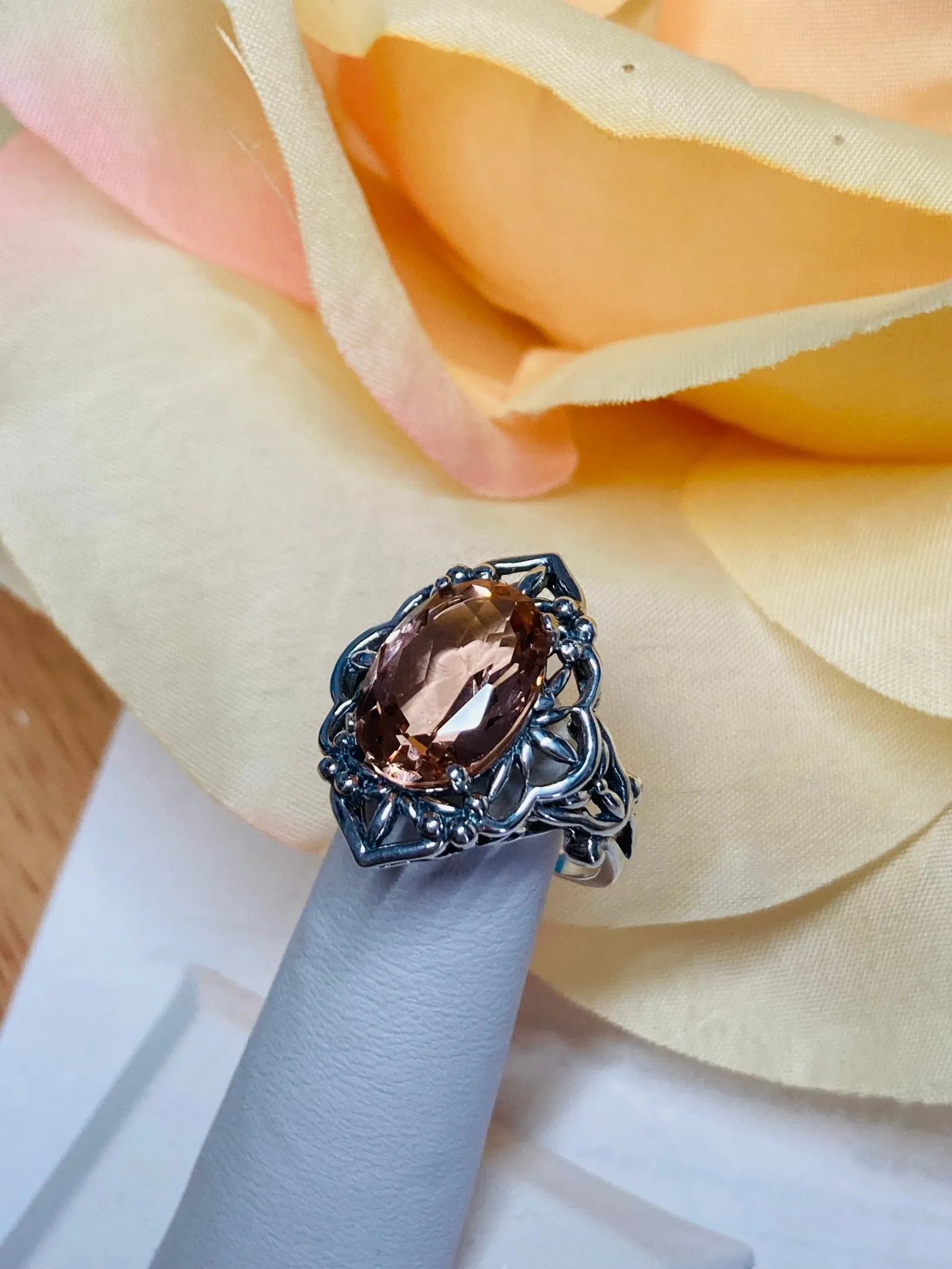 Peach Topaz Ring, Gothic Filigree Ring - Vintage Style Ring D98