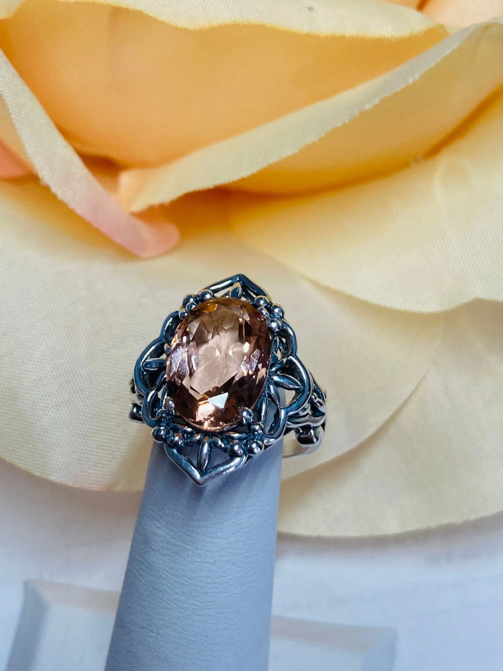 Peach Topaz Ring, Gothic Filigree Ring - Vintage Style Ring D98