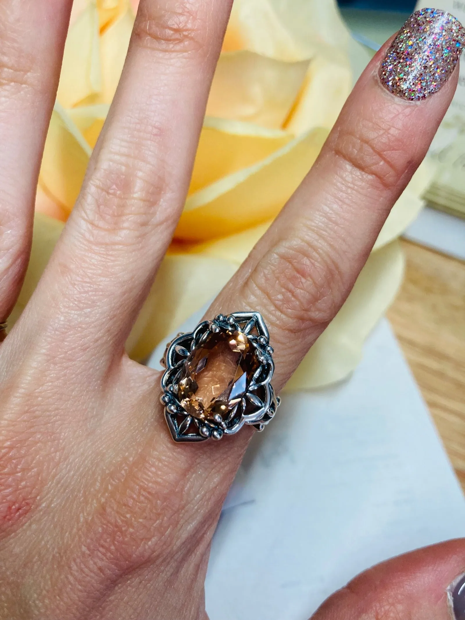 Peach Topaz Ring, Gothic Filigree Ring - Vintage Style Ring D98