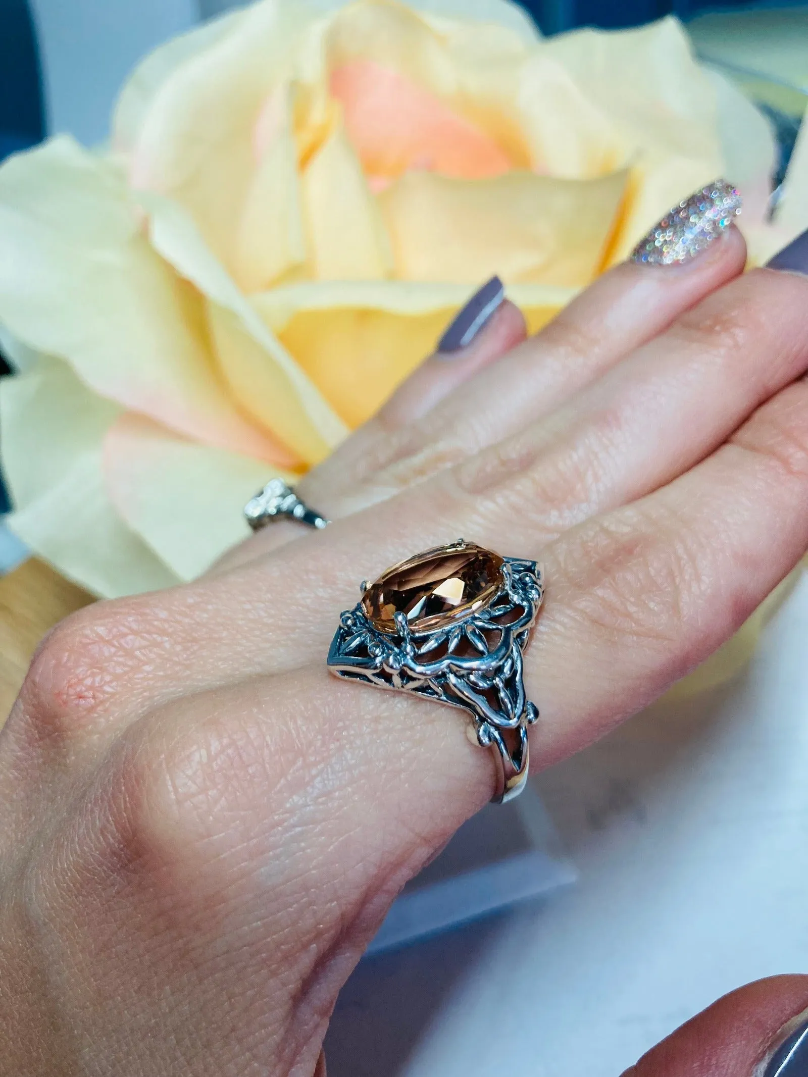 Peach Topaz Ring, Gothic Filigree Ring - Vintage Style Ring D98