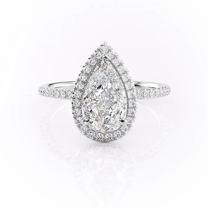 Pear Cut Moissanite Ring, Classic Halo Design