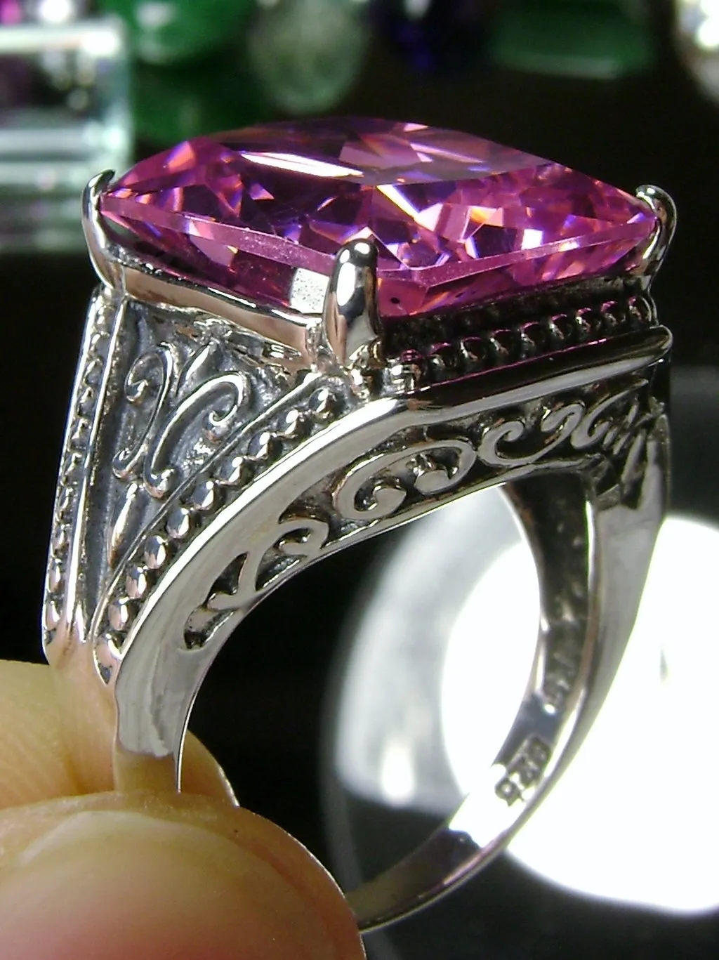 Pink CZ Ring, Renaissance Jewelry, Gothic Filigree #D131