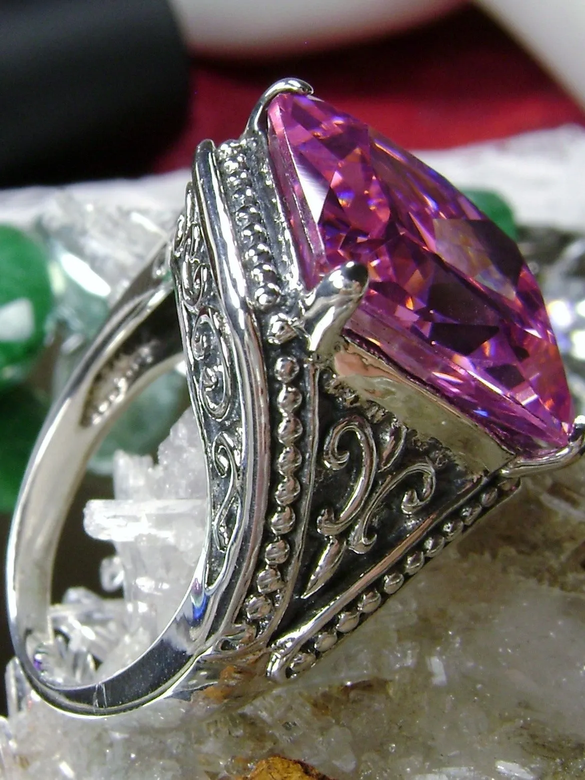 Pink CZ Ring, Renaissance Jewelry, Gothic Filigree #D131