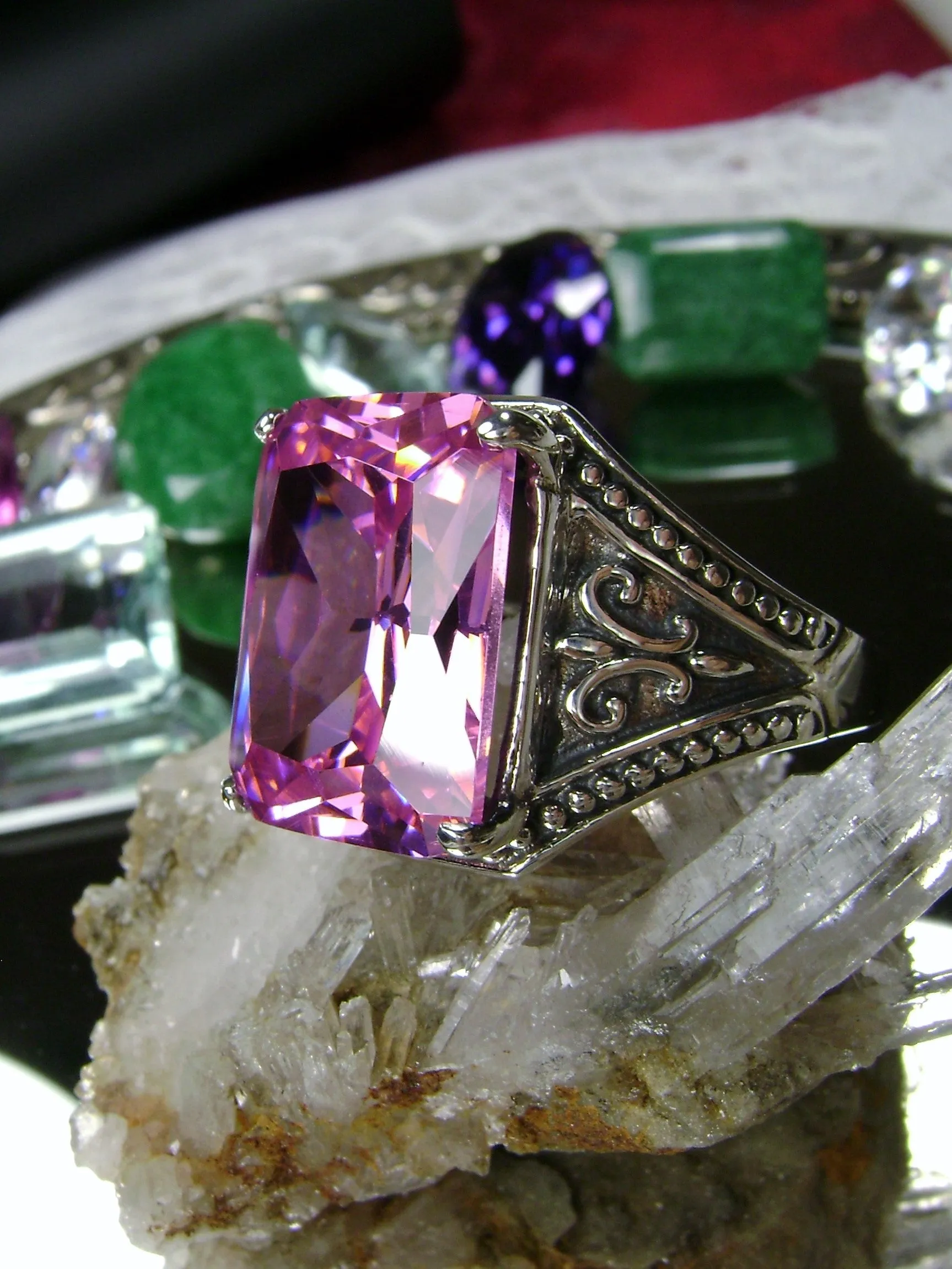 Pink CZ Ring, Renaissance Jewelry, Gothic Filigree #D131