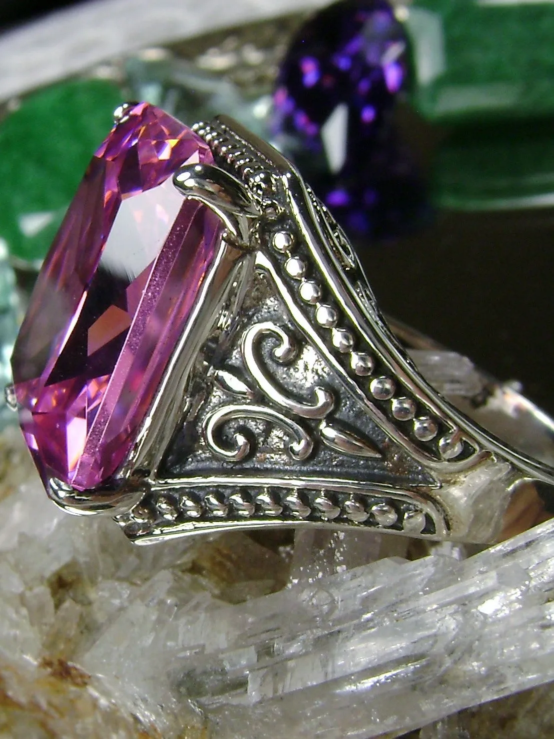 Pink CZ Ring, Renaissance Jewelry, Gothic Filigree #D131
