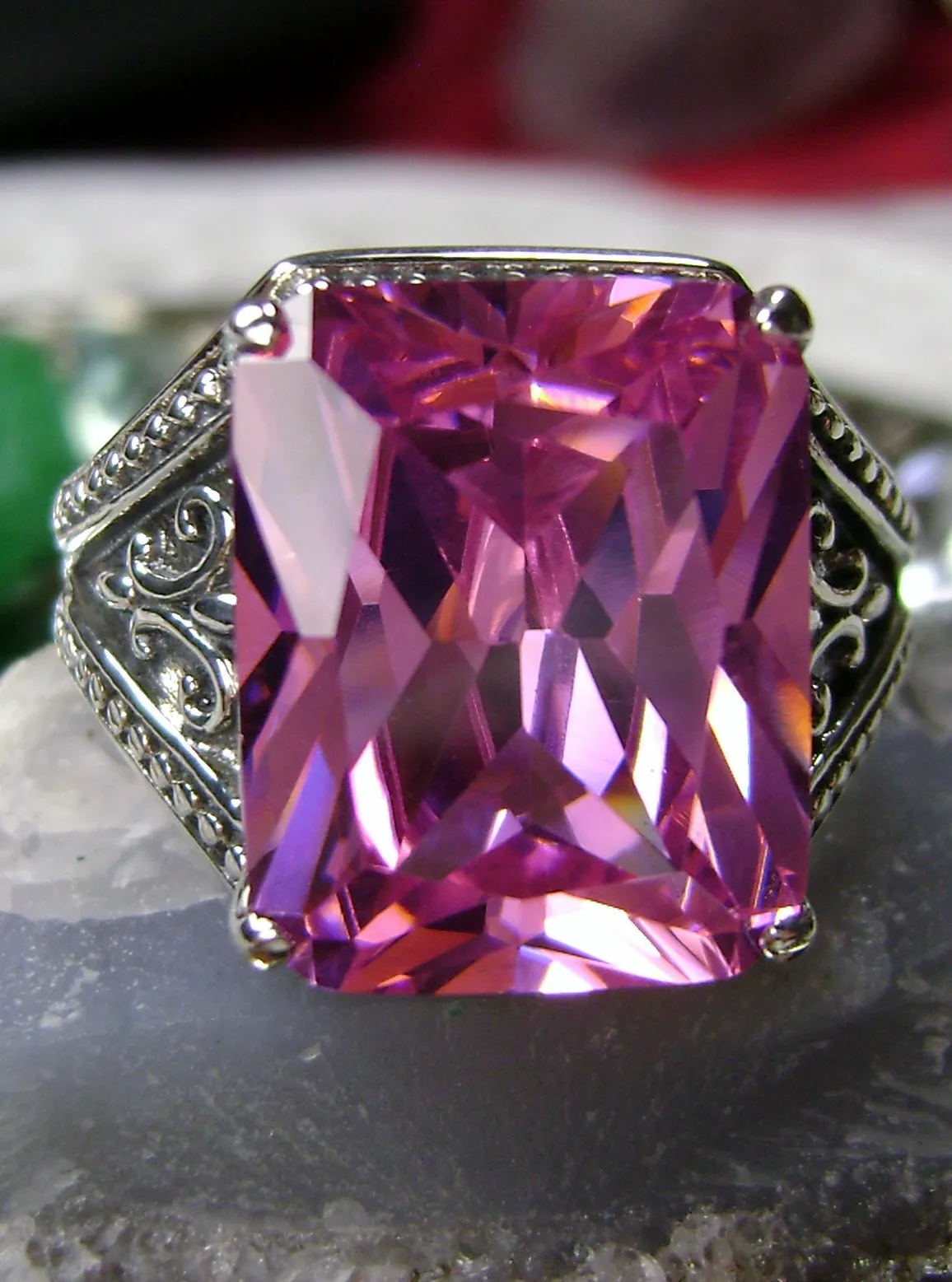 Pink CZ Ring, Renaissance Jewelry, Gothic Filigree #D131