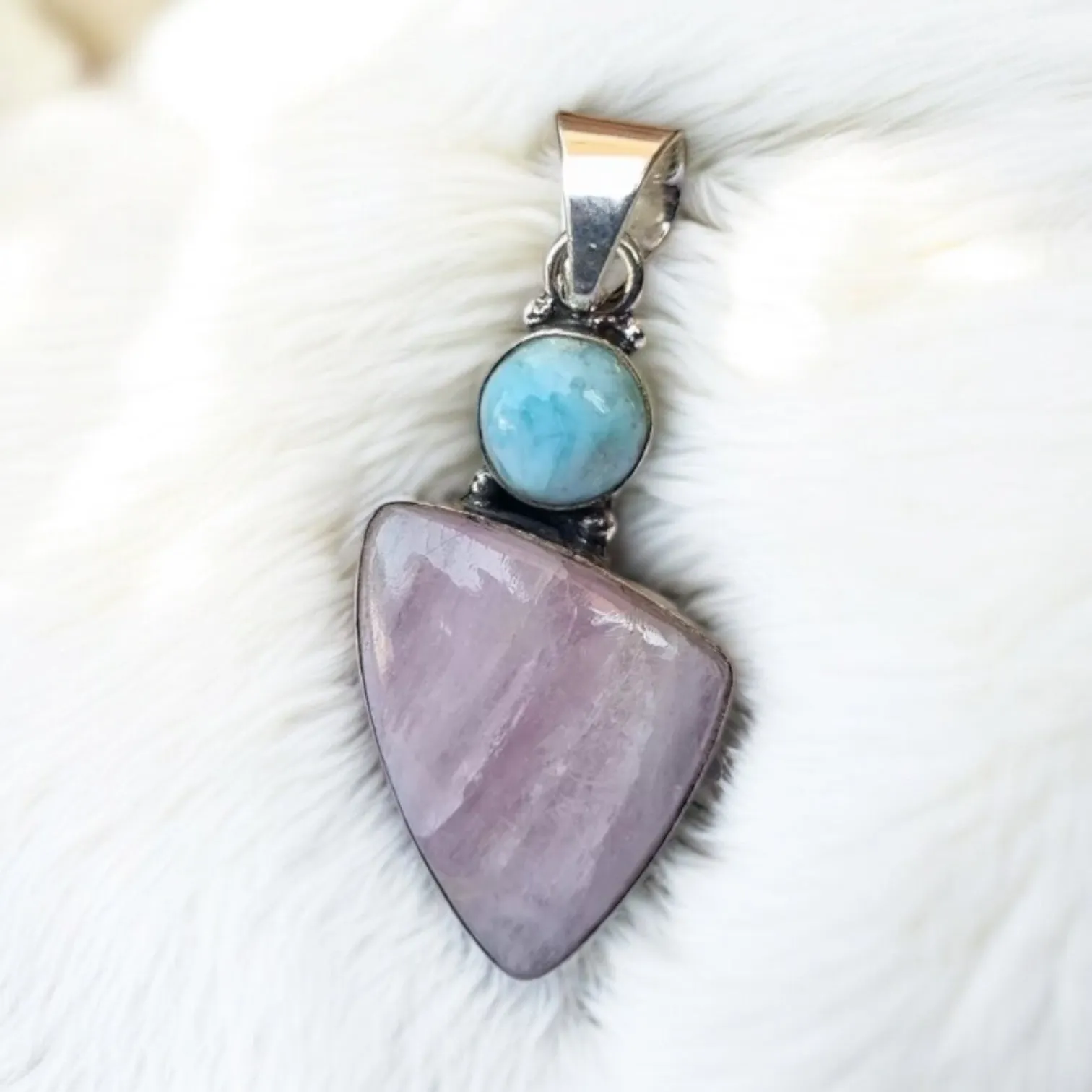 Pink Kunzite & Larimar Solid 925 Sterling Silver Pendant