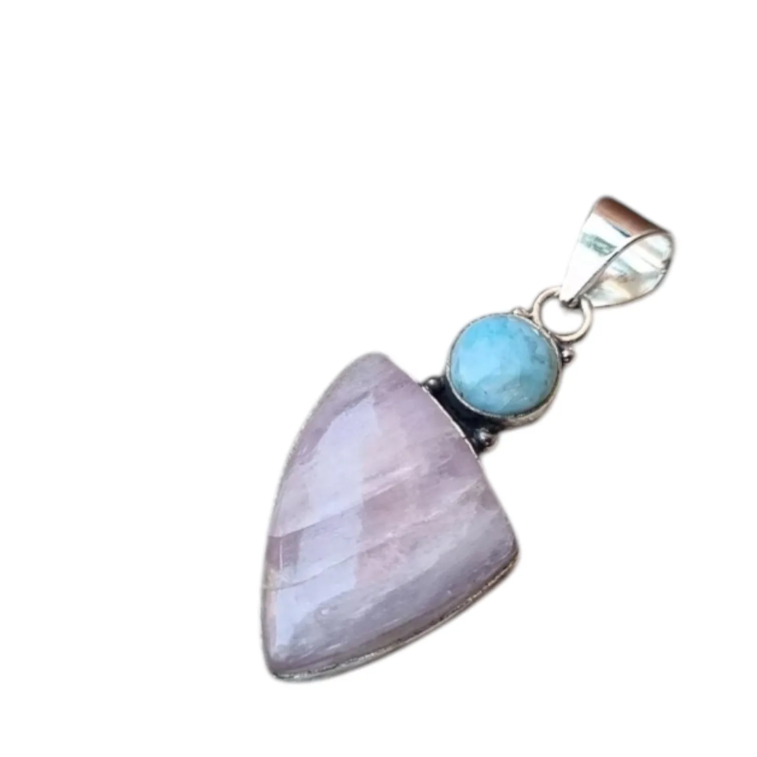 Pink Kunzite & Larimar Solid 925 Sterling Silver Pendant