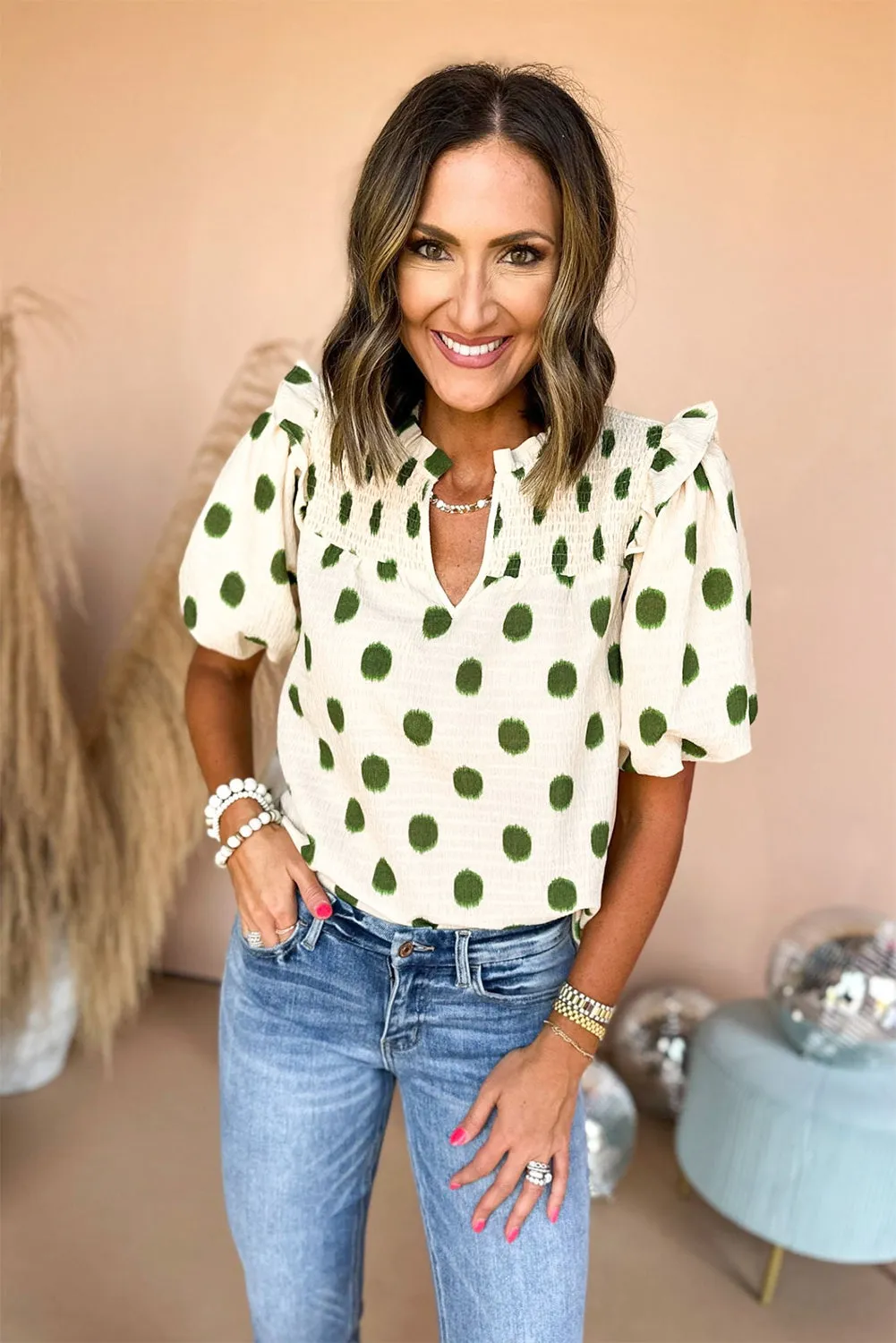 Polka Dot Print Smocked Notched Neck Balloon Sleeve Blouse