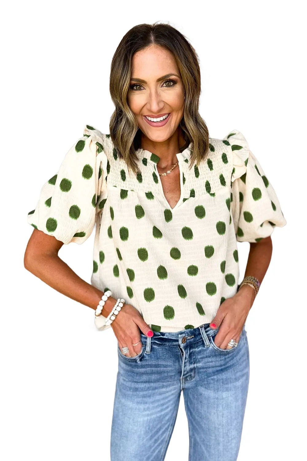 Polka Dot Print Smocked Notched Neck Balloon Sleeve Blouse