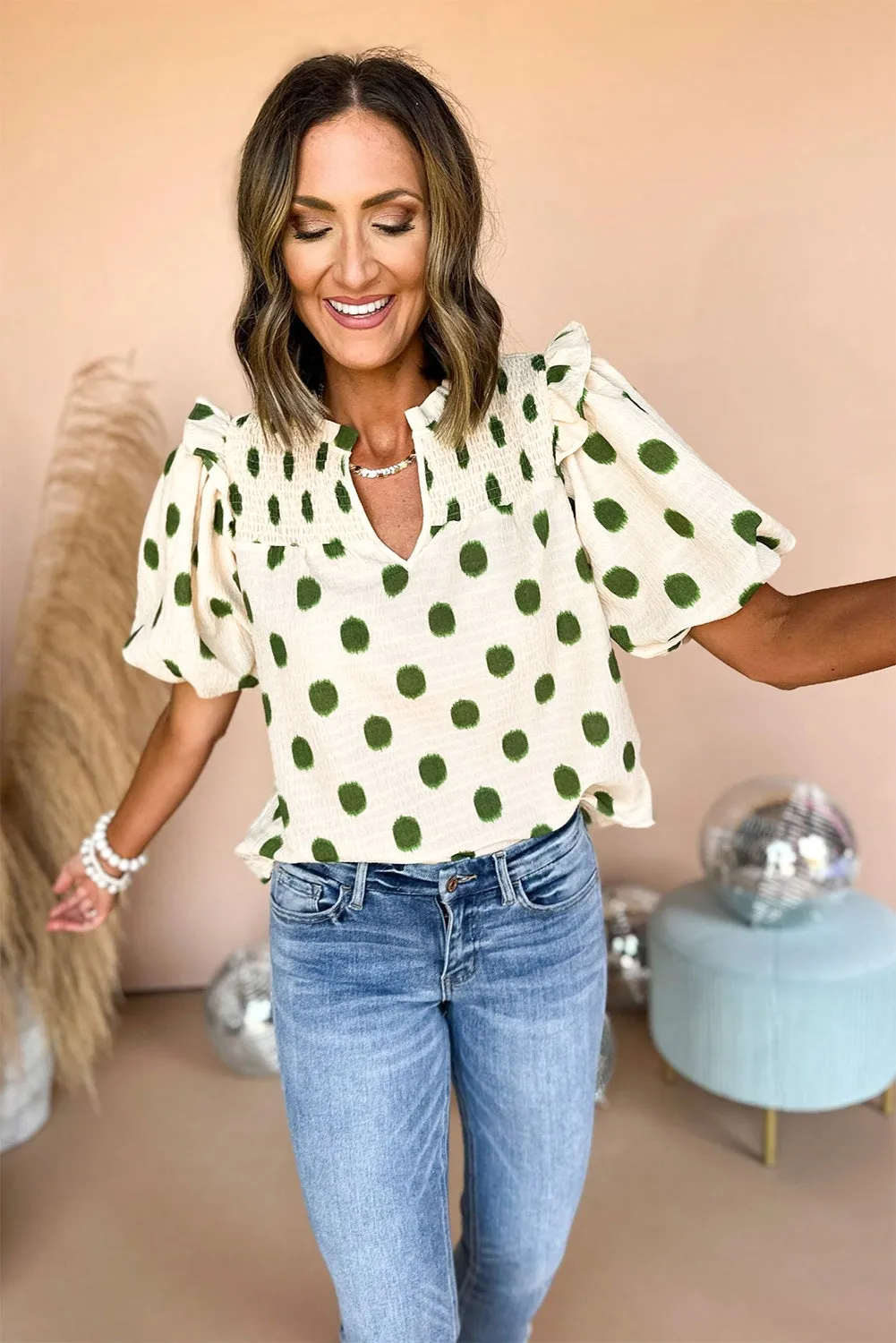 Polka Dot Print Smocked Notched Neck Balloon Sleeve Blouse