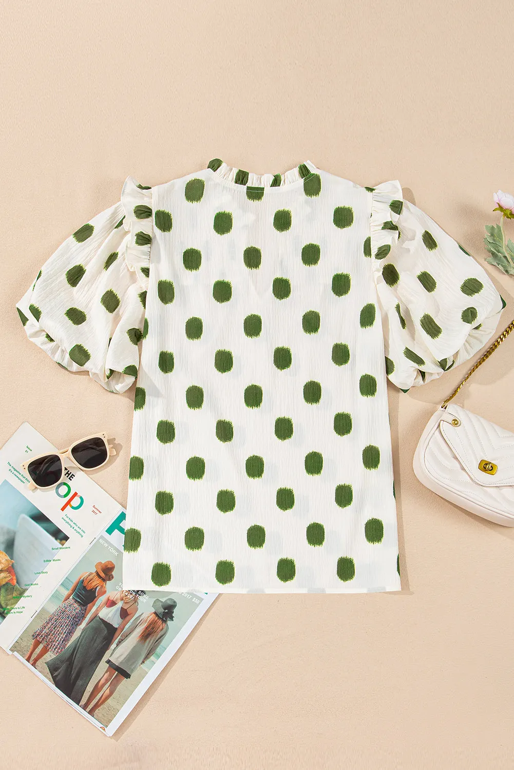 Polka Dot Print Smocked Notched Neck Balloon Sleeve Blouse