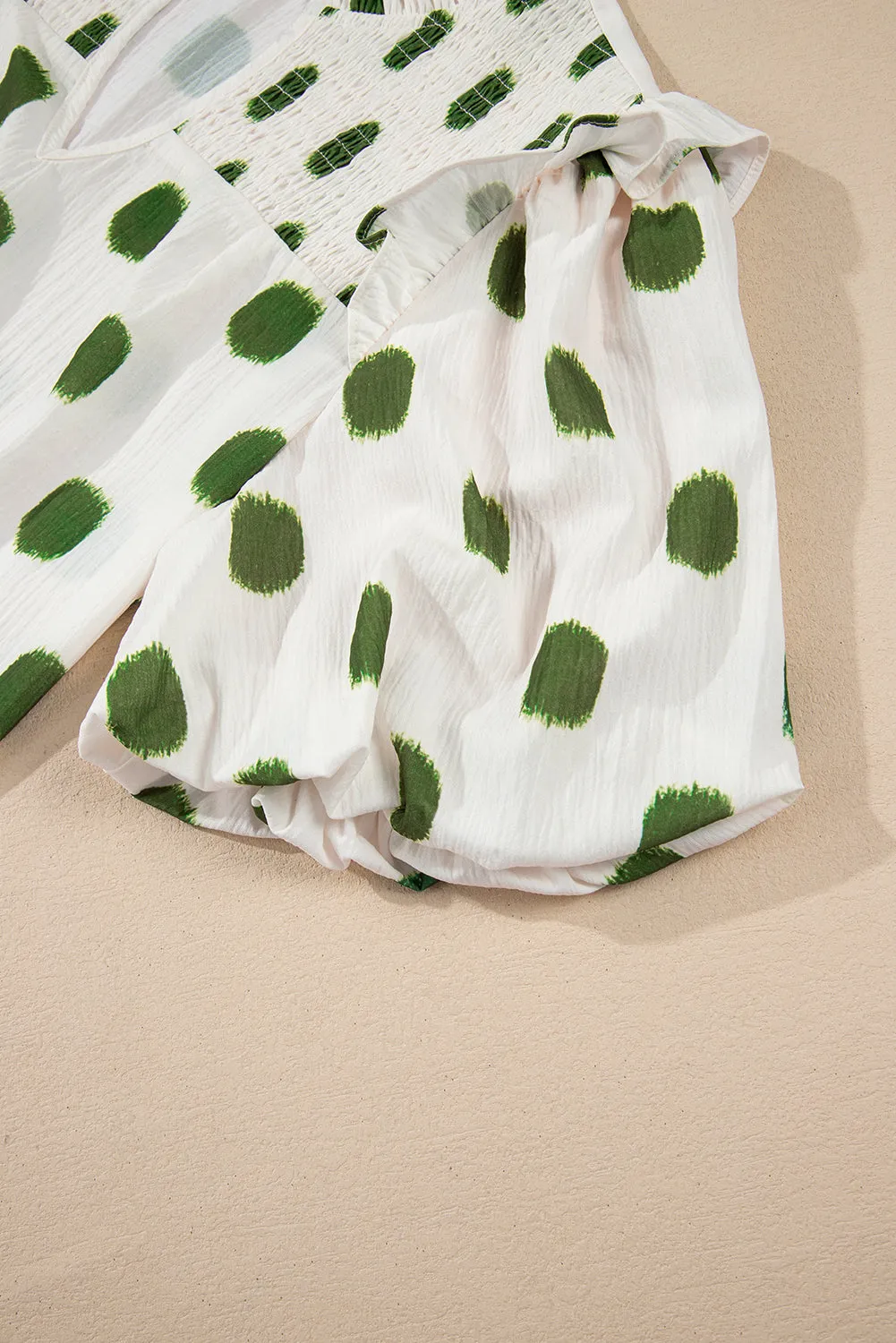 Polka Dot Print Smocked Notched Neck Balloon Sleeve Blouse