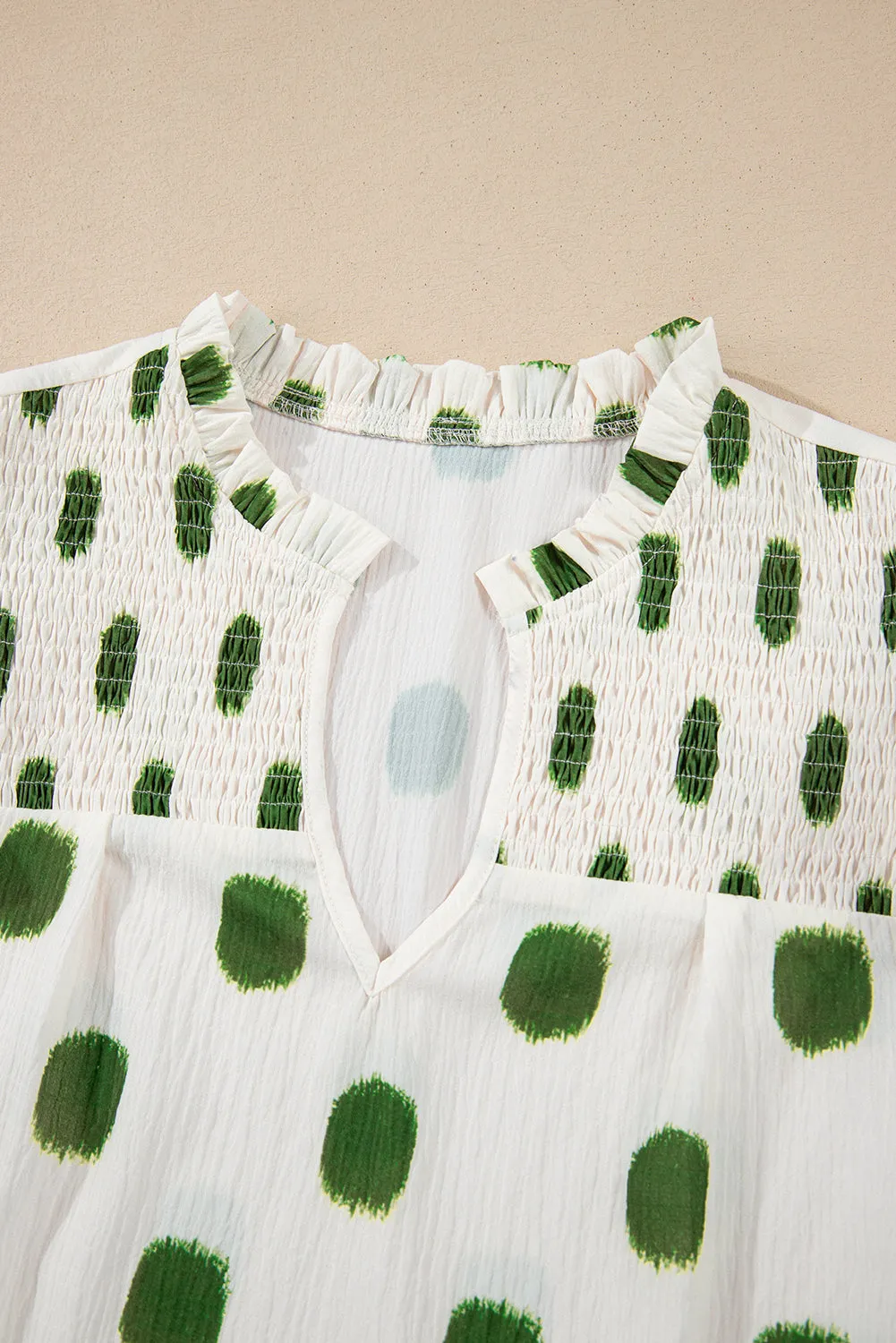 Polka Dot Print Smocked Notched Neck Balloon Sleeve Blouse