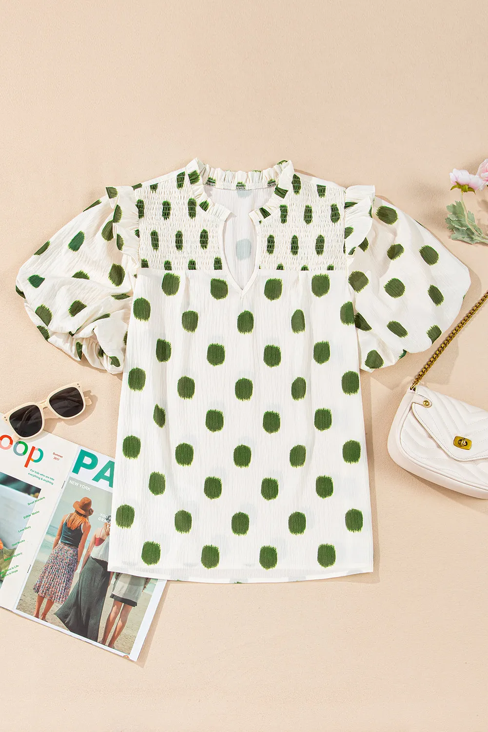 Polka Dot Print Smocked Notched Neck Balloon Sleeve Blouse