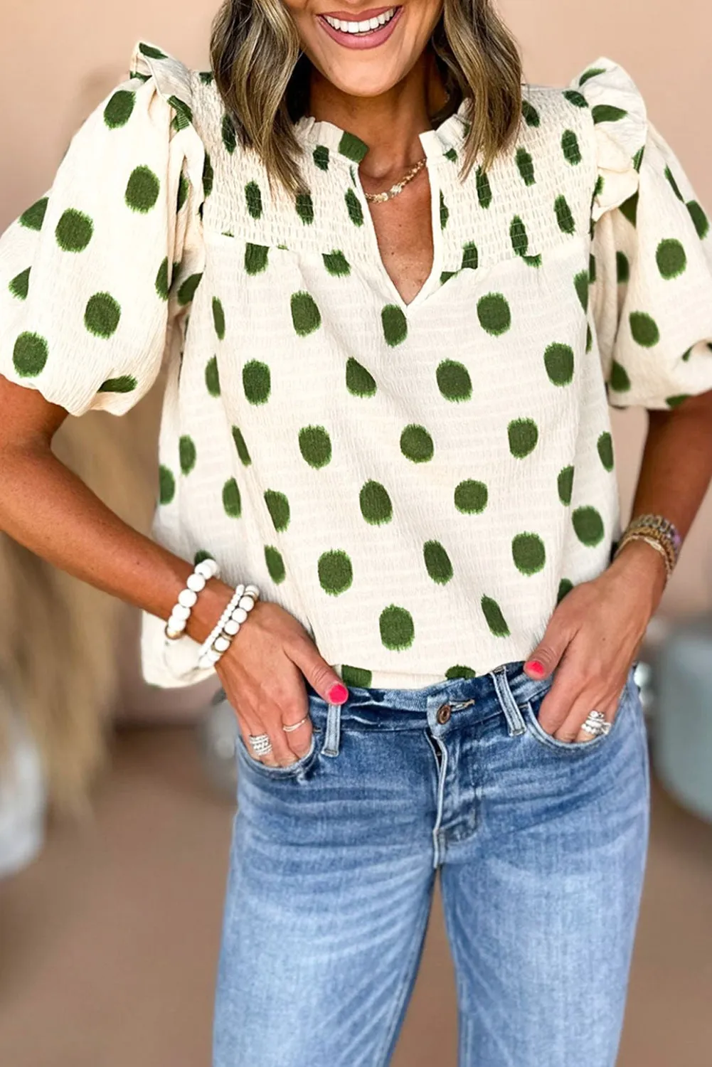 Polka Dot Print Smocked Notched Neck Balloon Sleeve Blouse