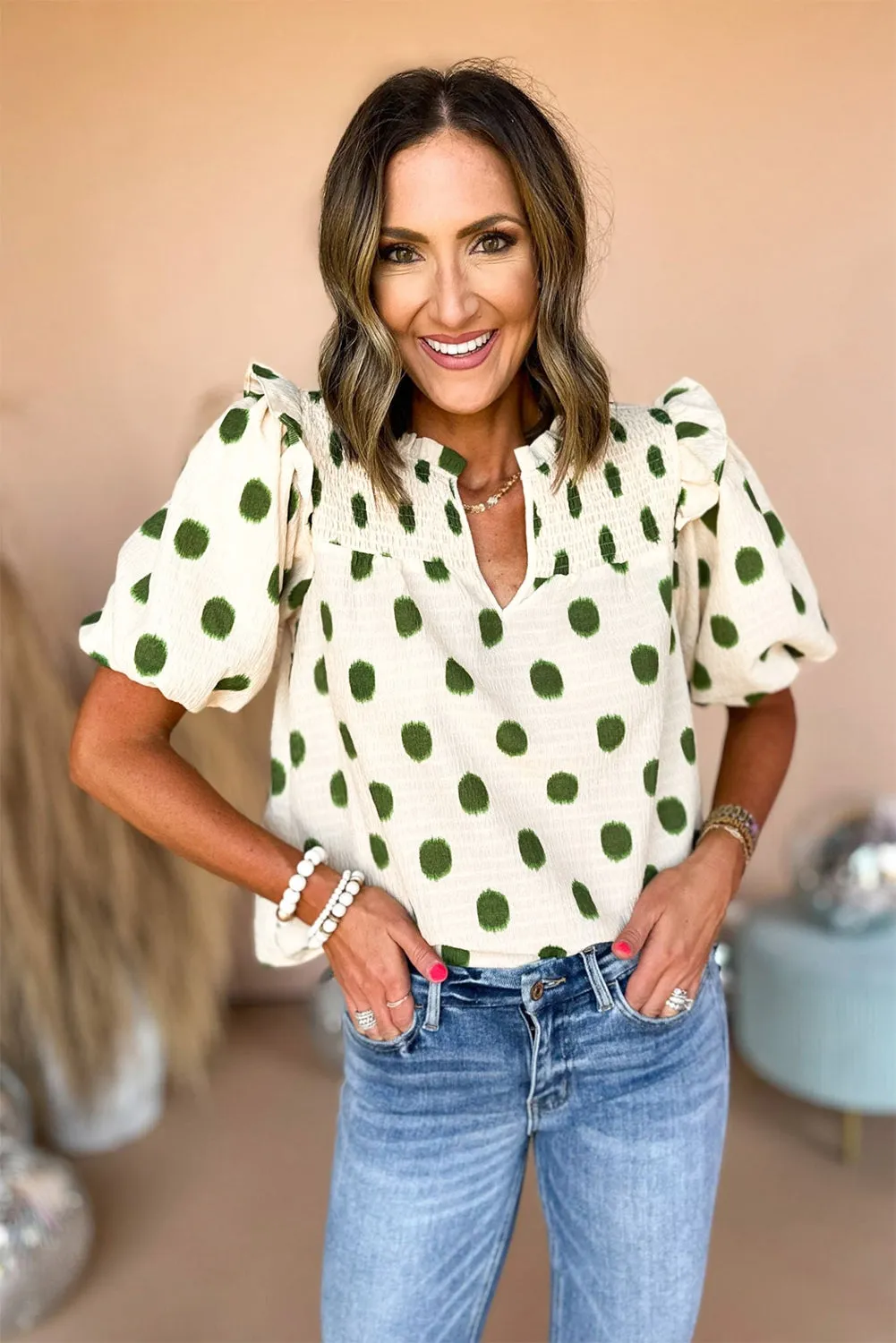 Polka Dot Print Smocked Notched Neck Balloon Sleeve Blouse