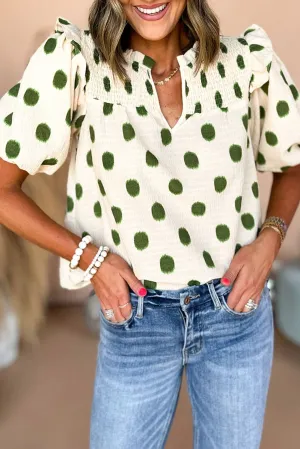 Polka Dot Print Smocked Notched Neck Balloon Sleeve Blouse