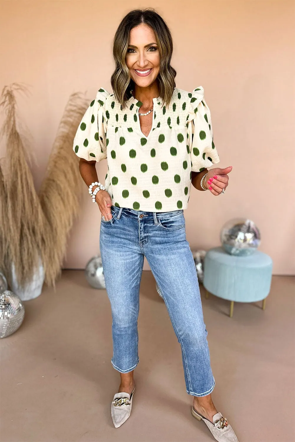 Polka Dot Print Smocked Notched Neck Balloon Sleeve Blouse