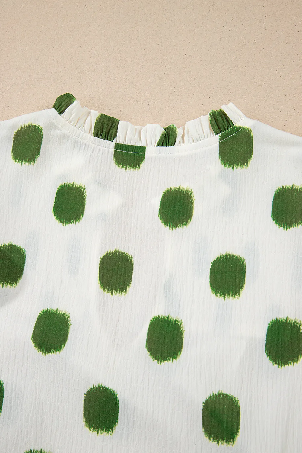 Polka Dot Print Smocked Notched Neck Balloon Sleeve Blouse