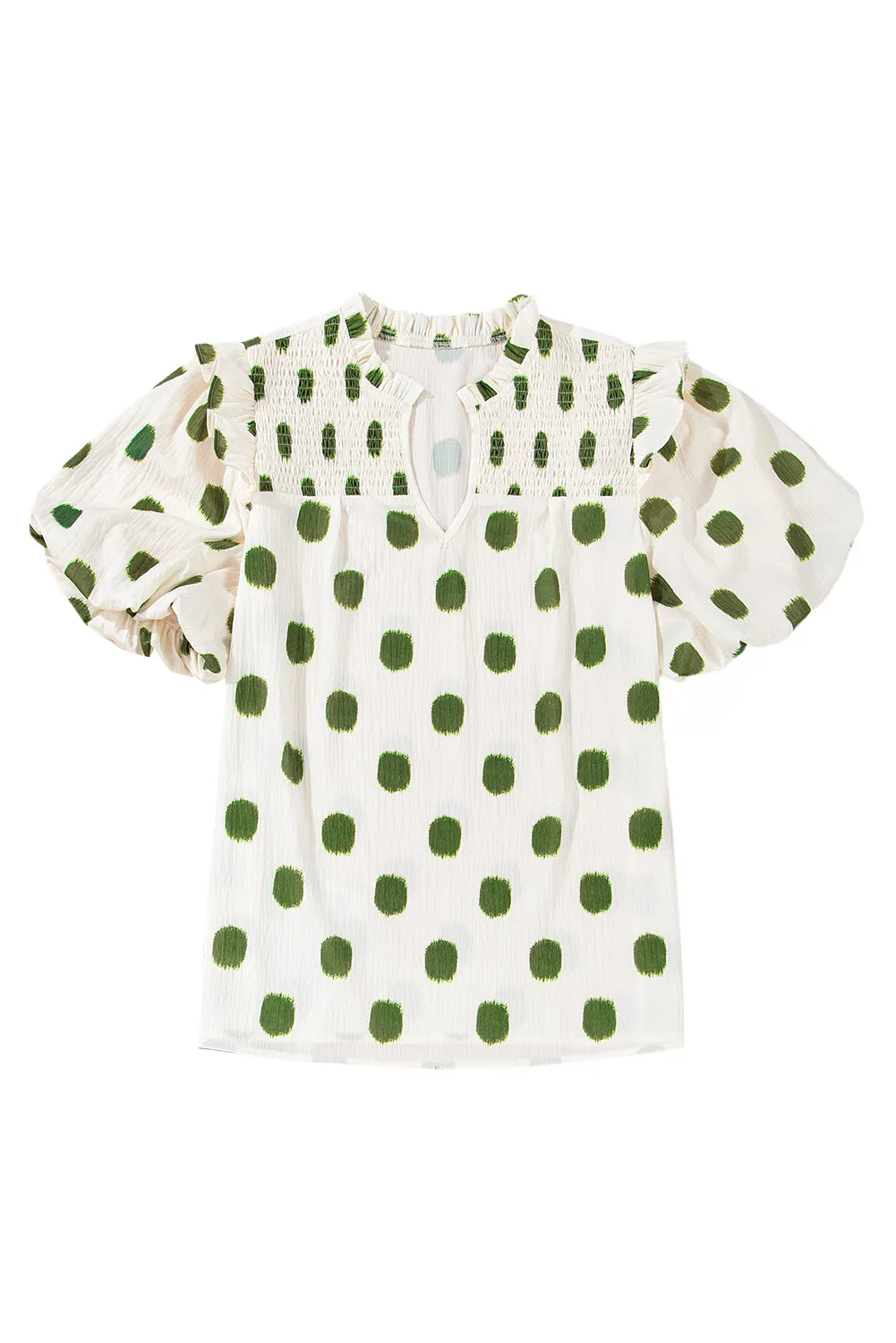 Polka Dot Print Smocked Notched Neck Balloon Sleeve Blouse