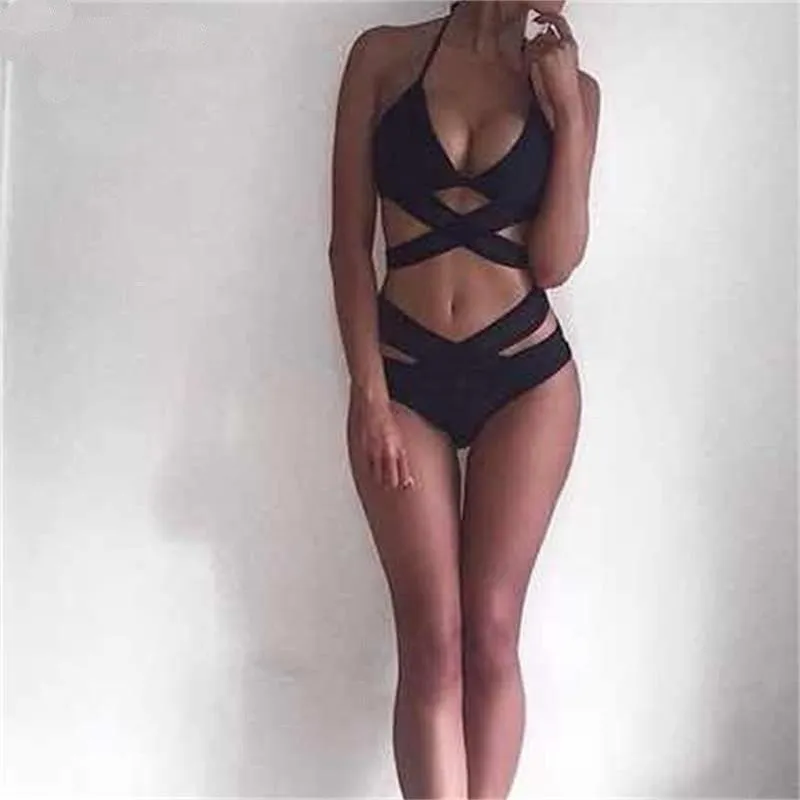 Push-Up Black Bandage Design Halter Bikini Swimsuit  TZ0007