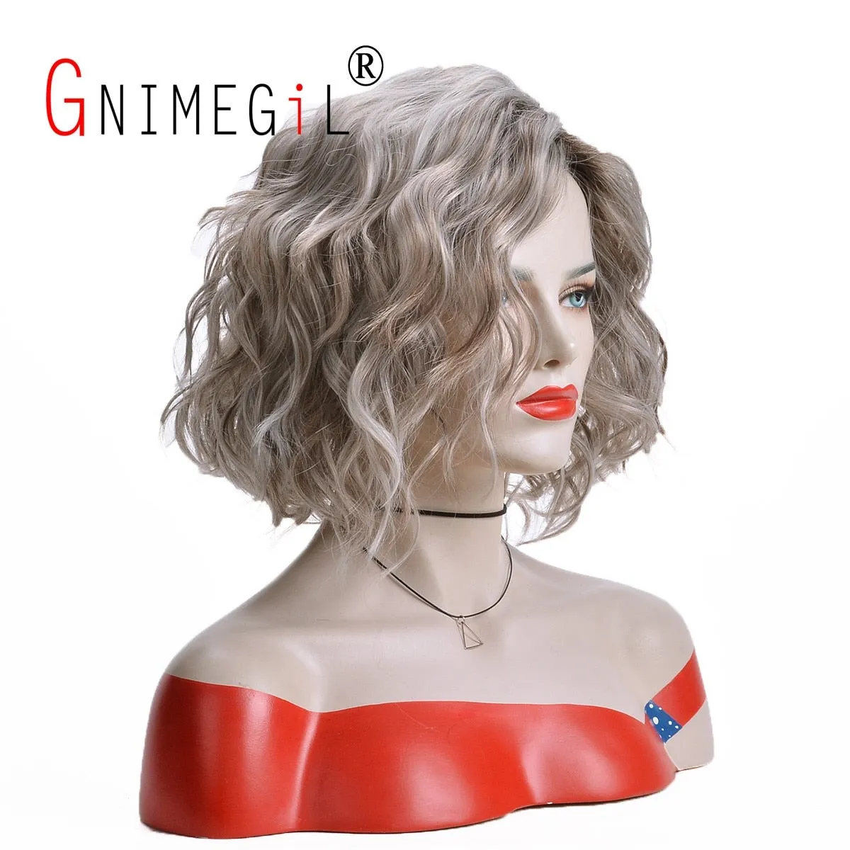 "Sandy"  Grey/ Silver Short Synthetic Curly Wavy Wigs with Dark Roots