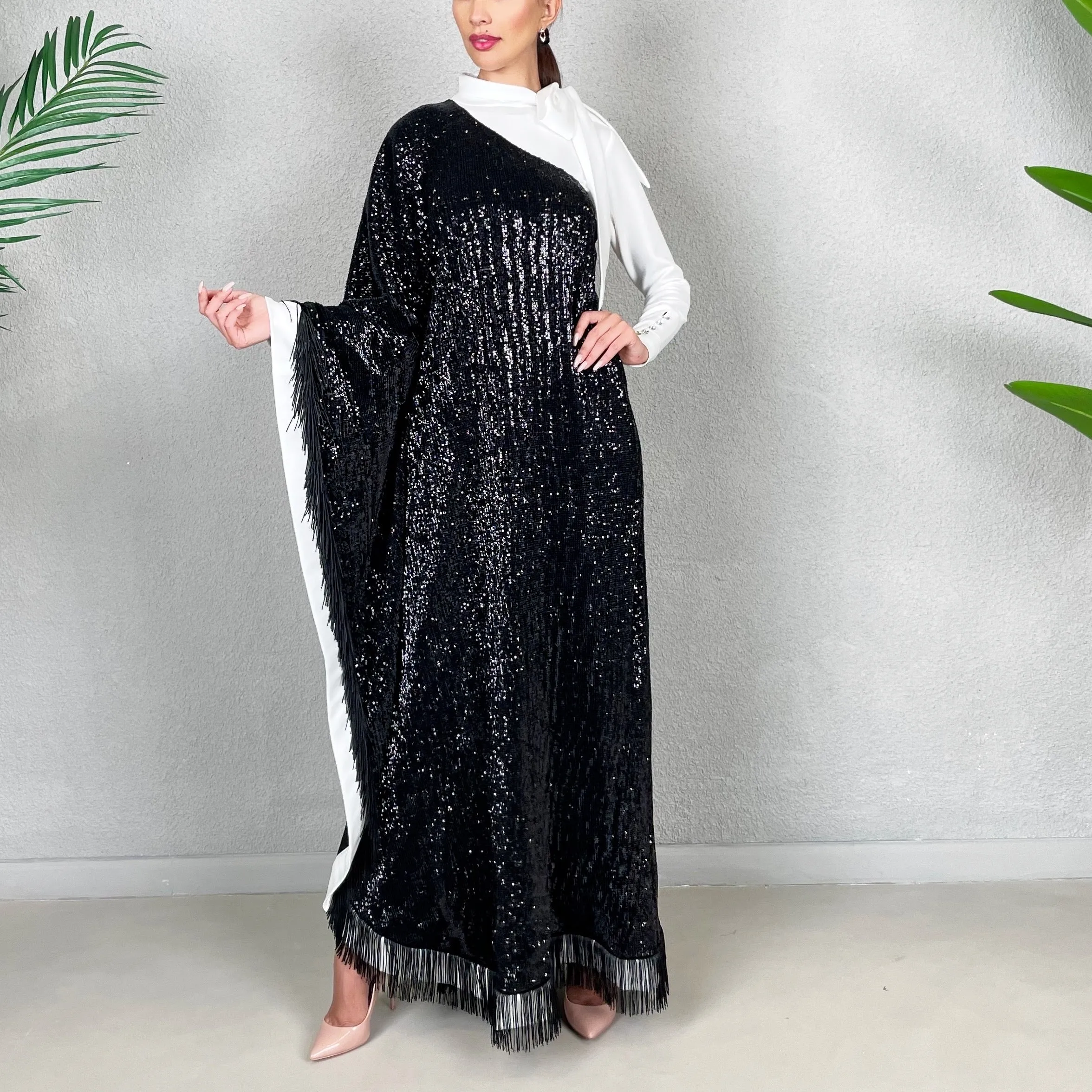 RAM22 ONE SHOULDER BLACK SEQUINS DRESS
