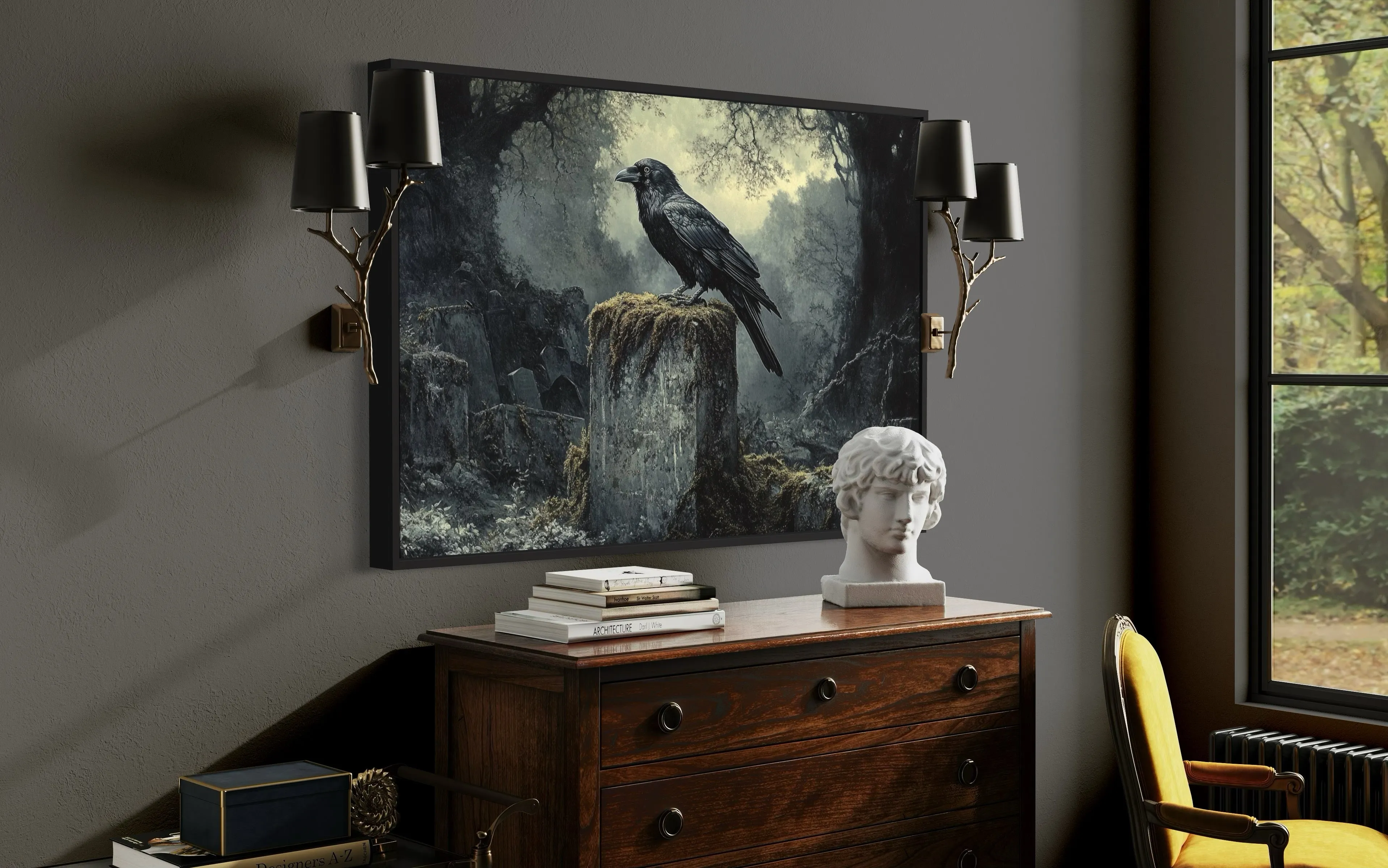 Raven On A Tomb Stone At Cemetery Framed Gothic Wall Art