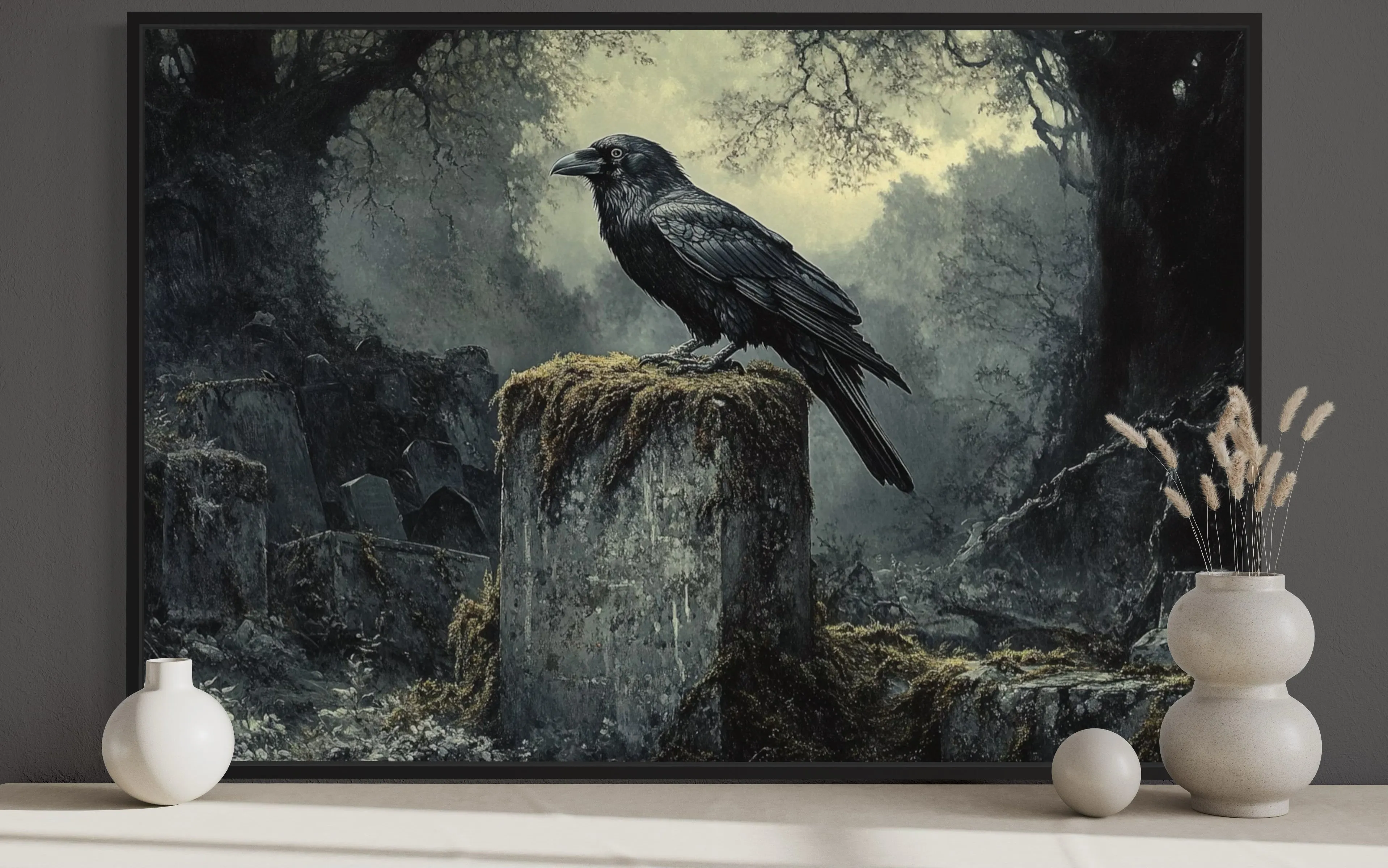 Raven On A Tomb Stone At Cemetery Framed Gothic Wall Art