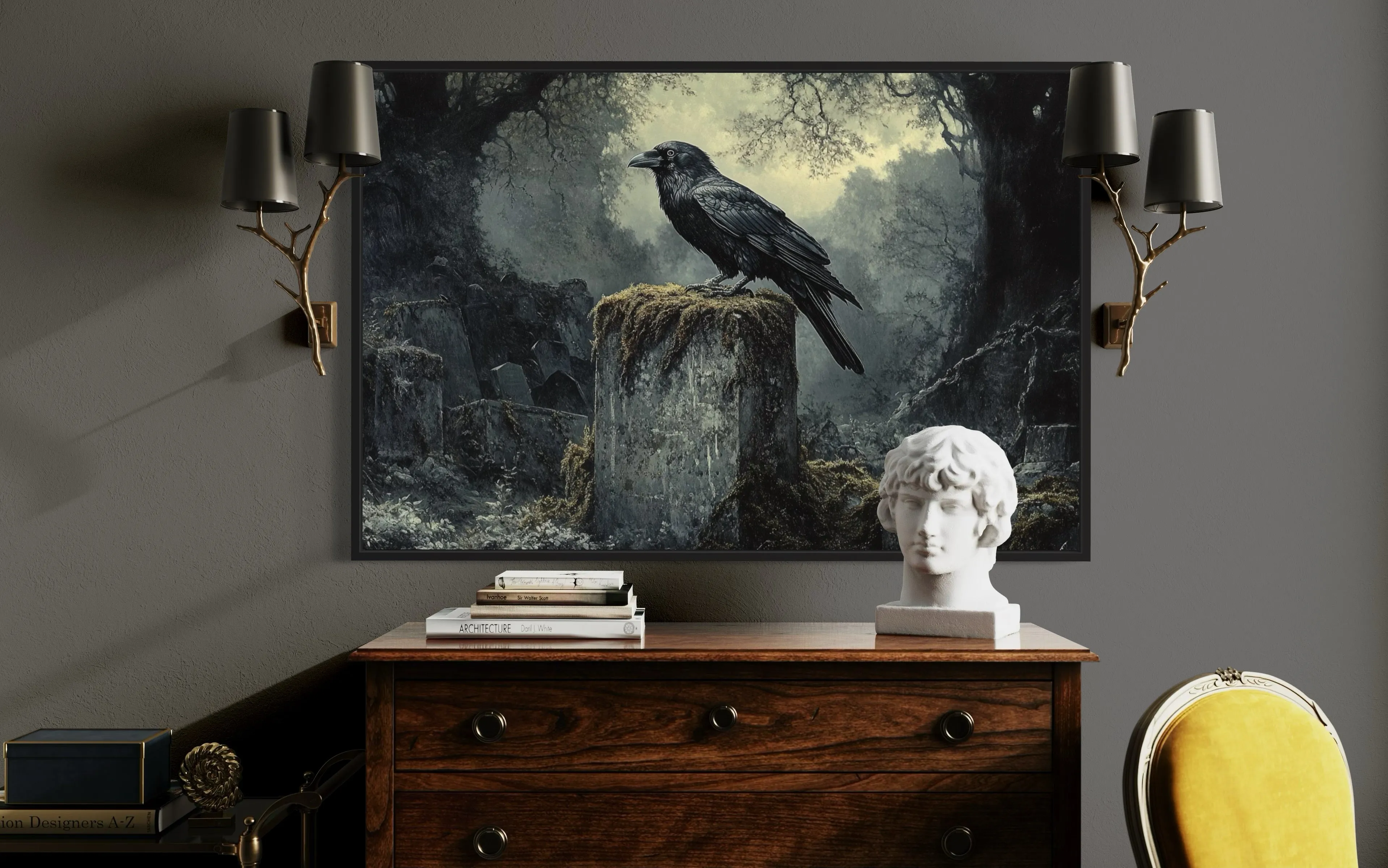 Raven On A Tomb Stone At Cemetery Framed Gothic Wall Art