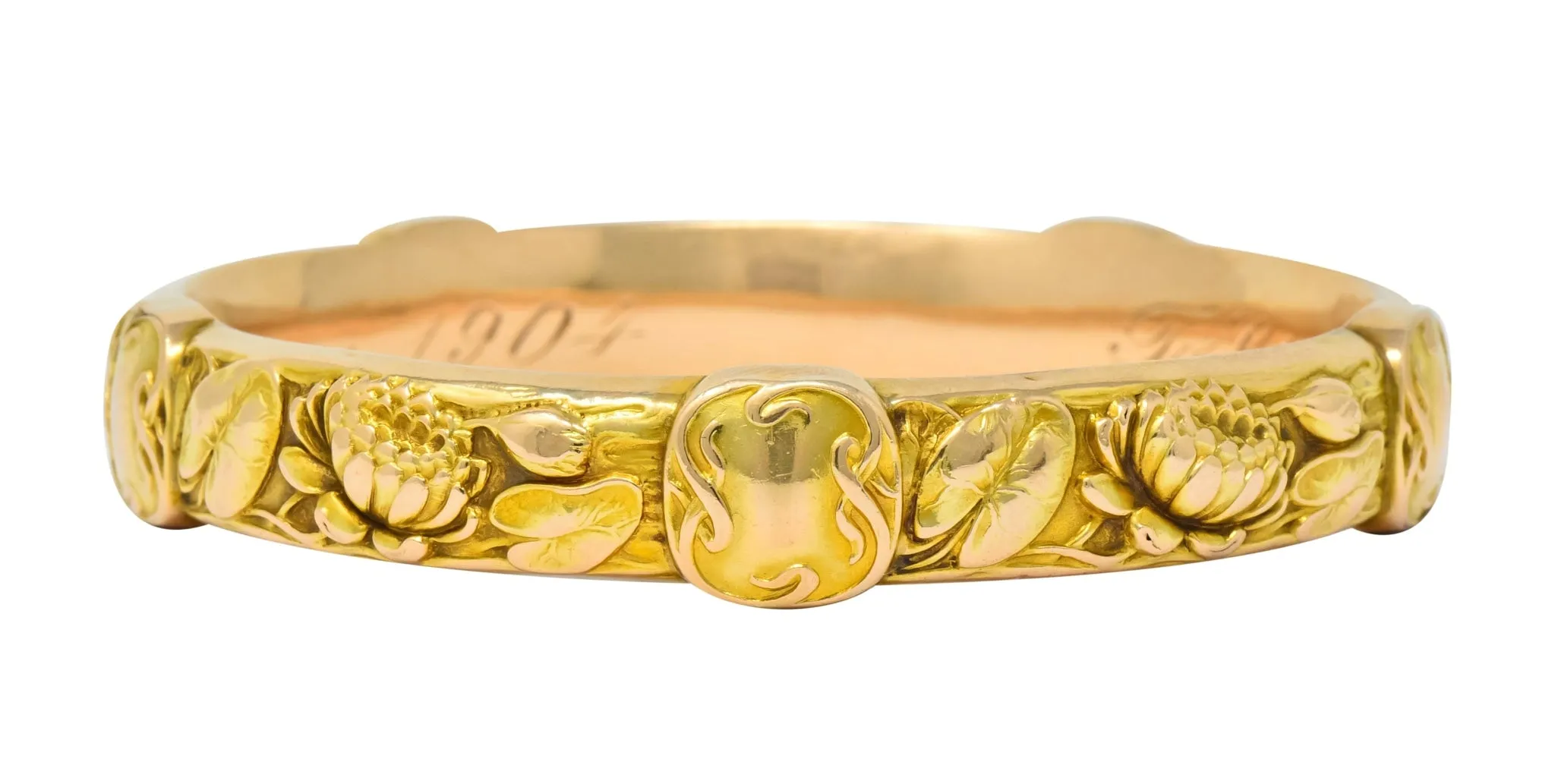 Riker Brothers Art Nouveau 14 Karat Gold Lotus Lily Pad Bangle Bracelet